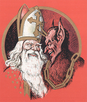 The Santa god with his demon, Krampus, half-goat/half man (Wikimedia Commons)
