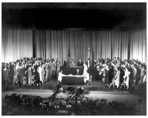 Thirty-nine of the German-born scientists at the U.S. Redstone Arsenal, along with the wives of two of the Operation Paperclip group, were sworn in as U.S. citizens at the 1954 naturalization ceremony. [They were formerly employed Nazi Germany].